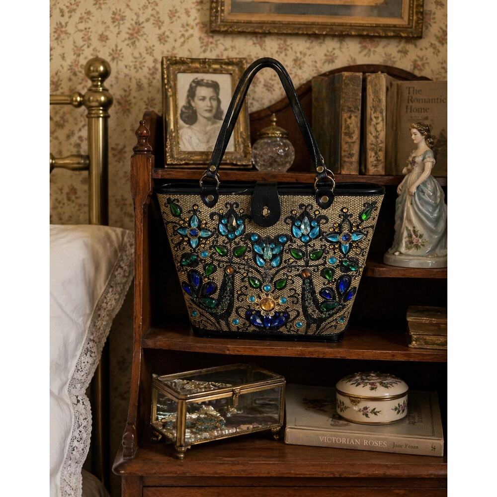 VTG 1964 Enid Collins Purse Pavan Pheasant Peacock Blue Jewels Wooden Bucket